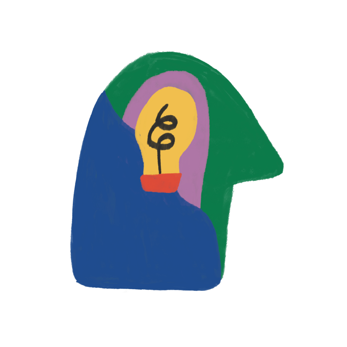 Illustration abstraite d'une tête avec un ampoule en guise de visage, utilisant des couleurs vives et un style simple.