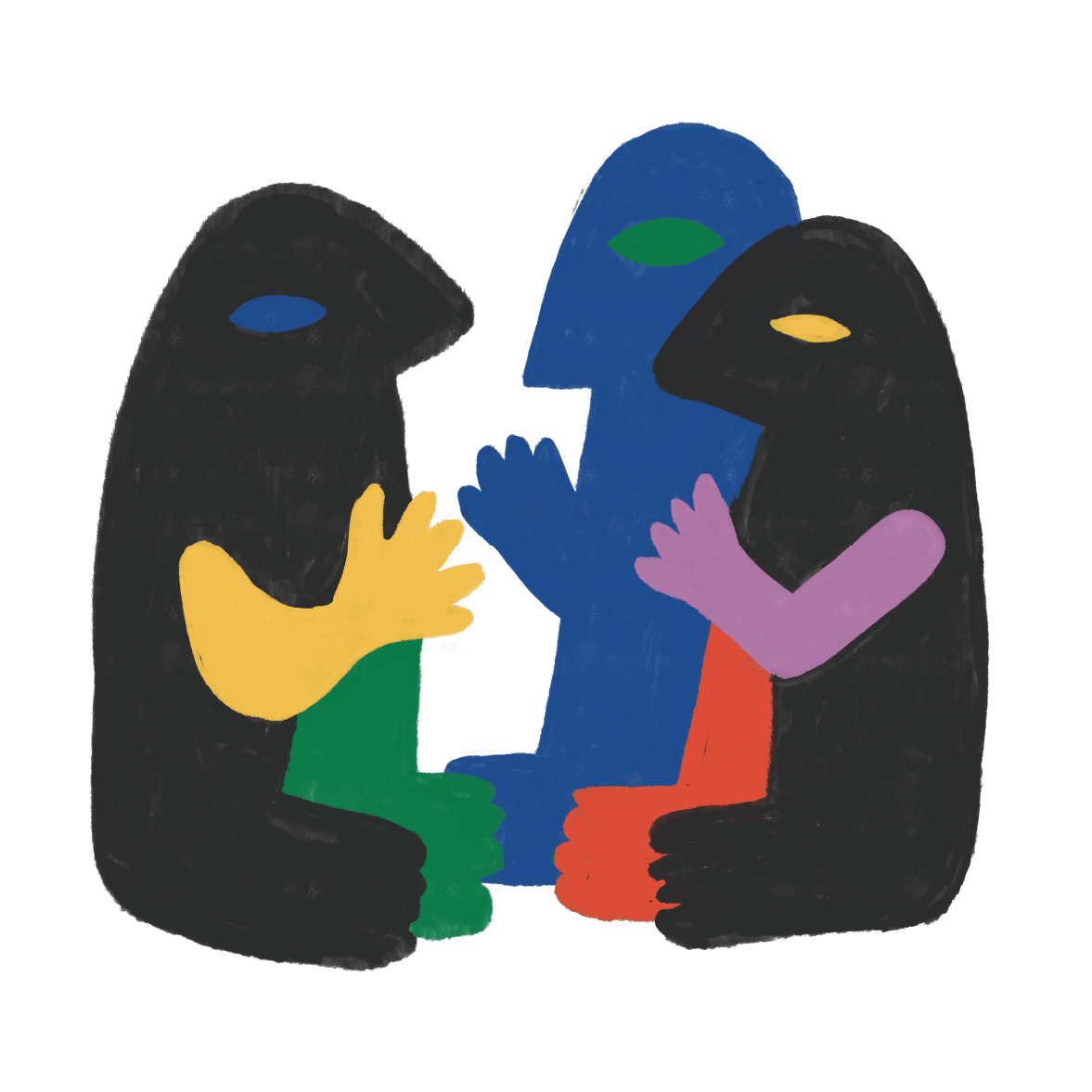 Illustration abstraite de quatre personnes aux silhouettes colorées (bleu, noir, vert, violet, orange, jaune) se tenant la main dans un cercle, avec un fond noir.