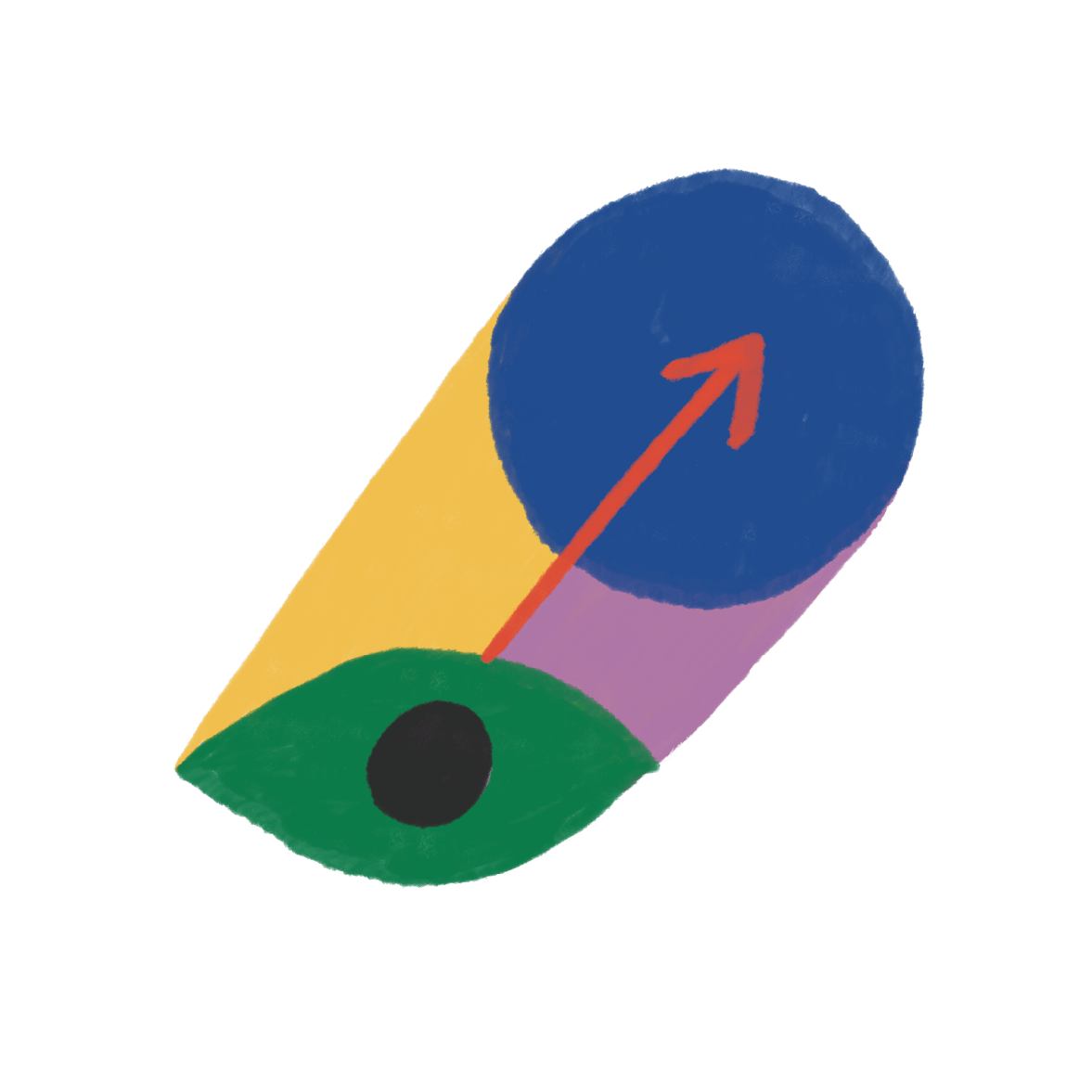 Illustration abstraite avec des formes colorées et un fleuve bleu, un cercle vert et noir, et une flèche rouge indiquant une direction.