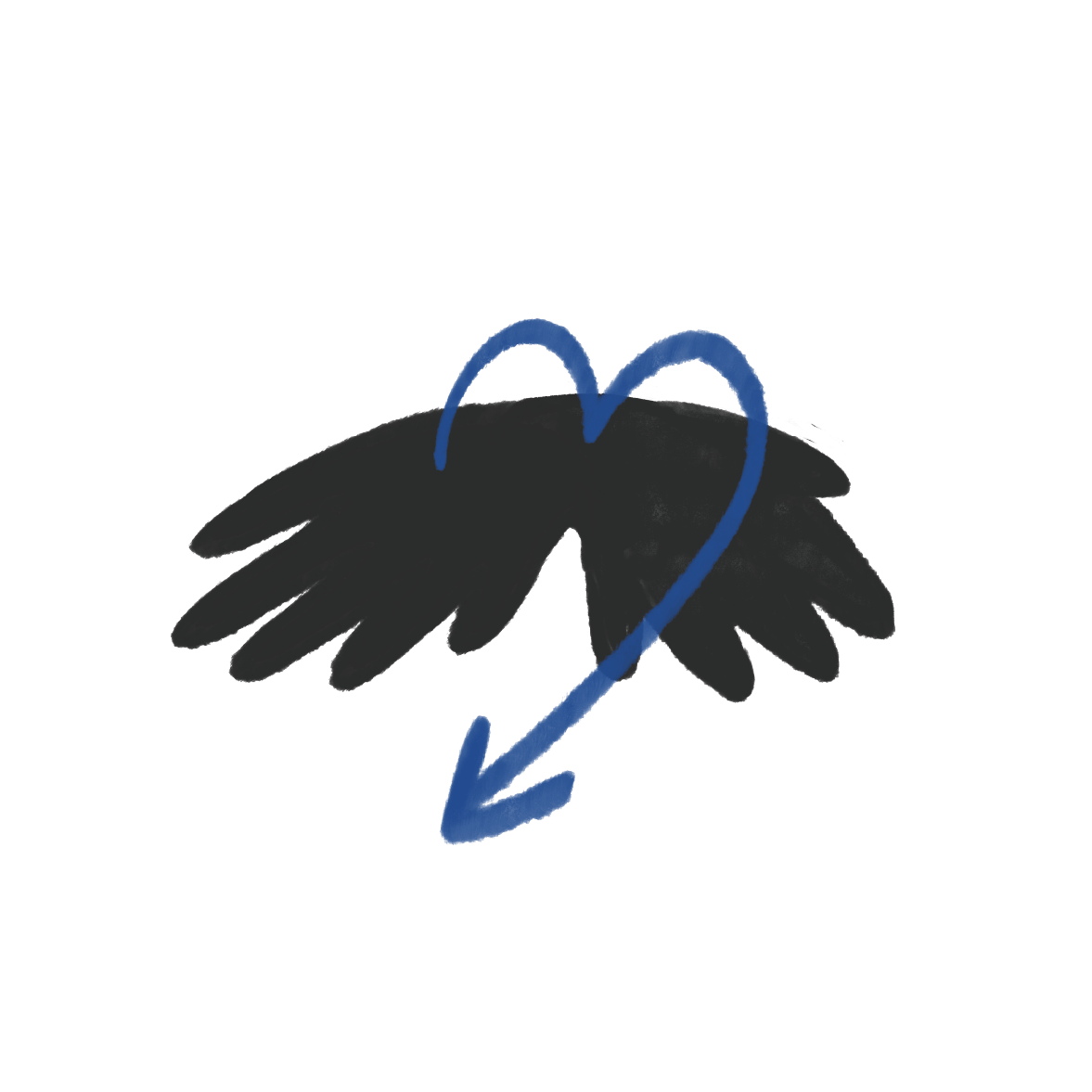 Dessins représentant deux ailes d'oiseau noires, avec un cœur et une flèche bleus formant un motif.