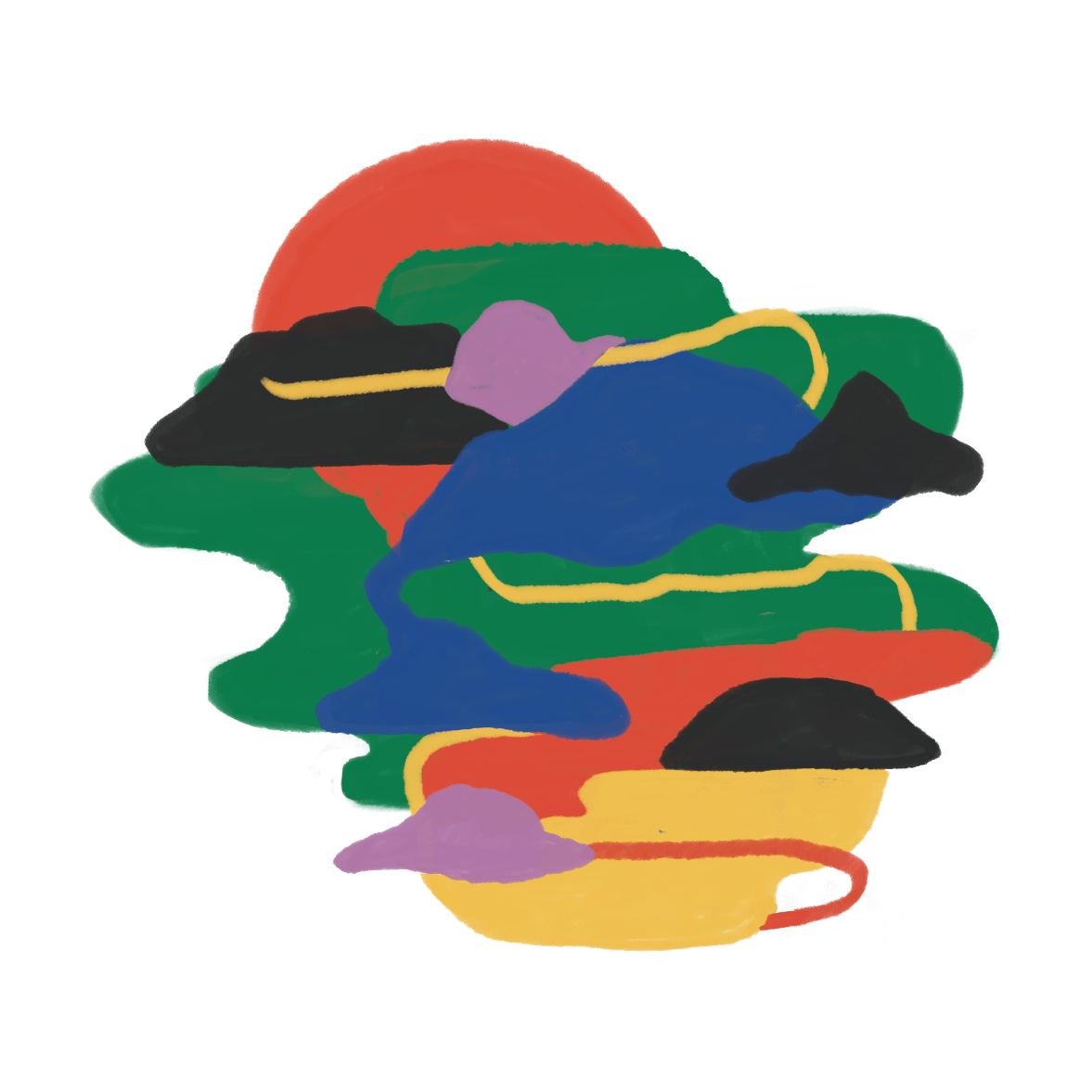 Une illustration abstraite de formes colorées et de lignes ondulées sur un fond noir.