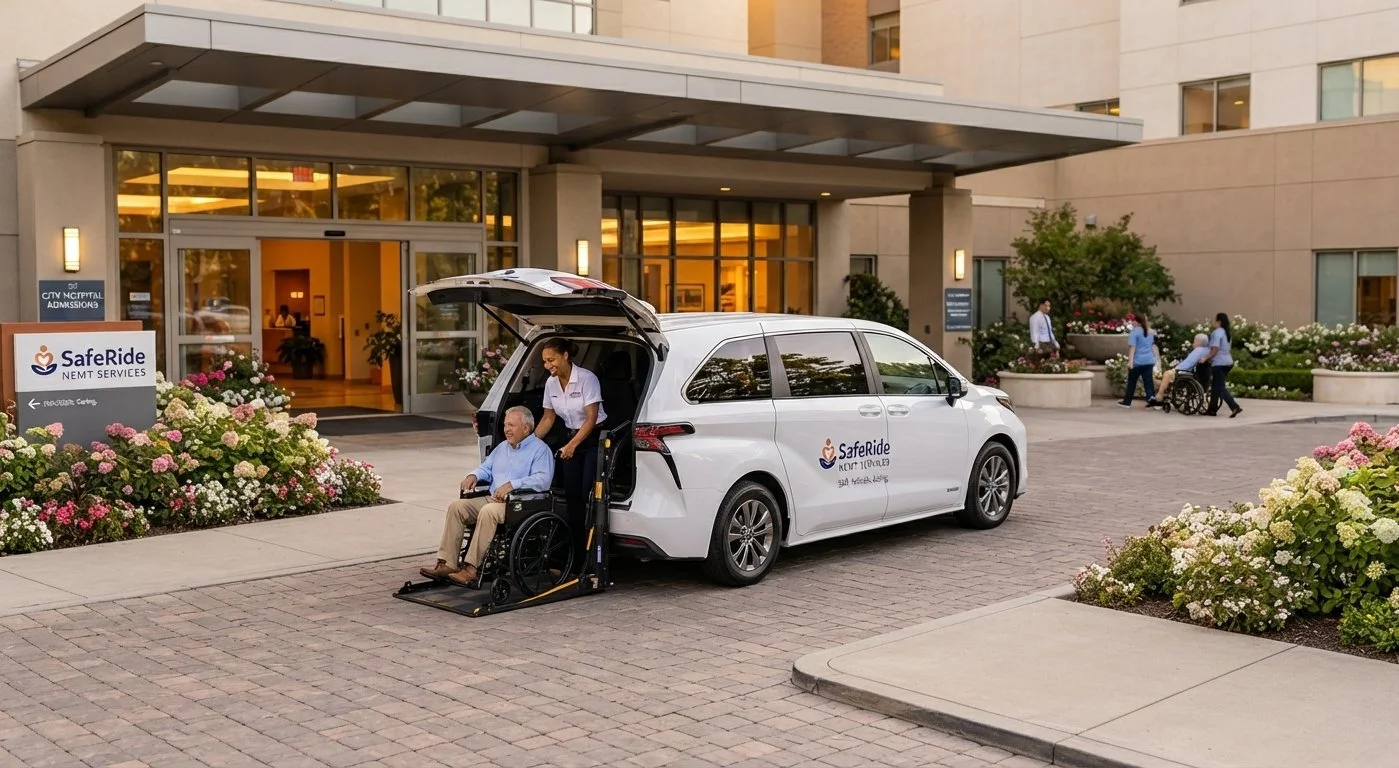 A healthcare transportation vehicle parked outside a medical building with a healthcare worker assisting a patient in a wheelchair