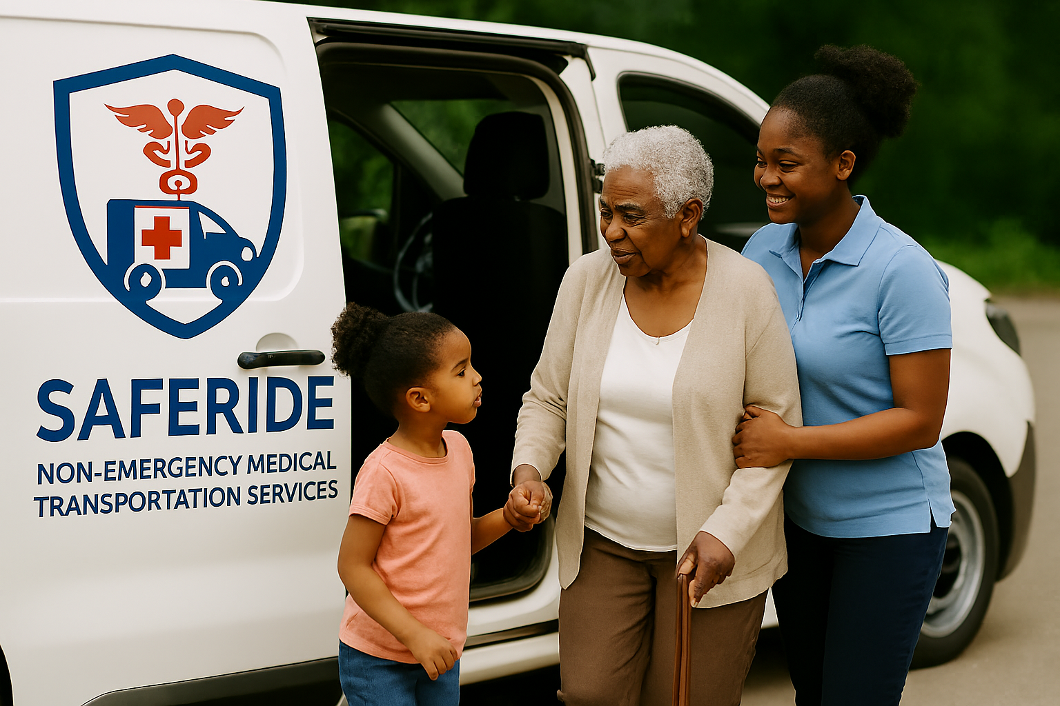 An elderly woman with a cane holding hands with a young girl in front of a vehicle with a logo that reads "SAFERIDE non-emergency medical transportation services." A smiling woman in a blue shirt stands beside them, outside with green trees in the background.