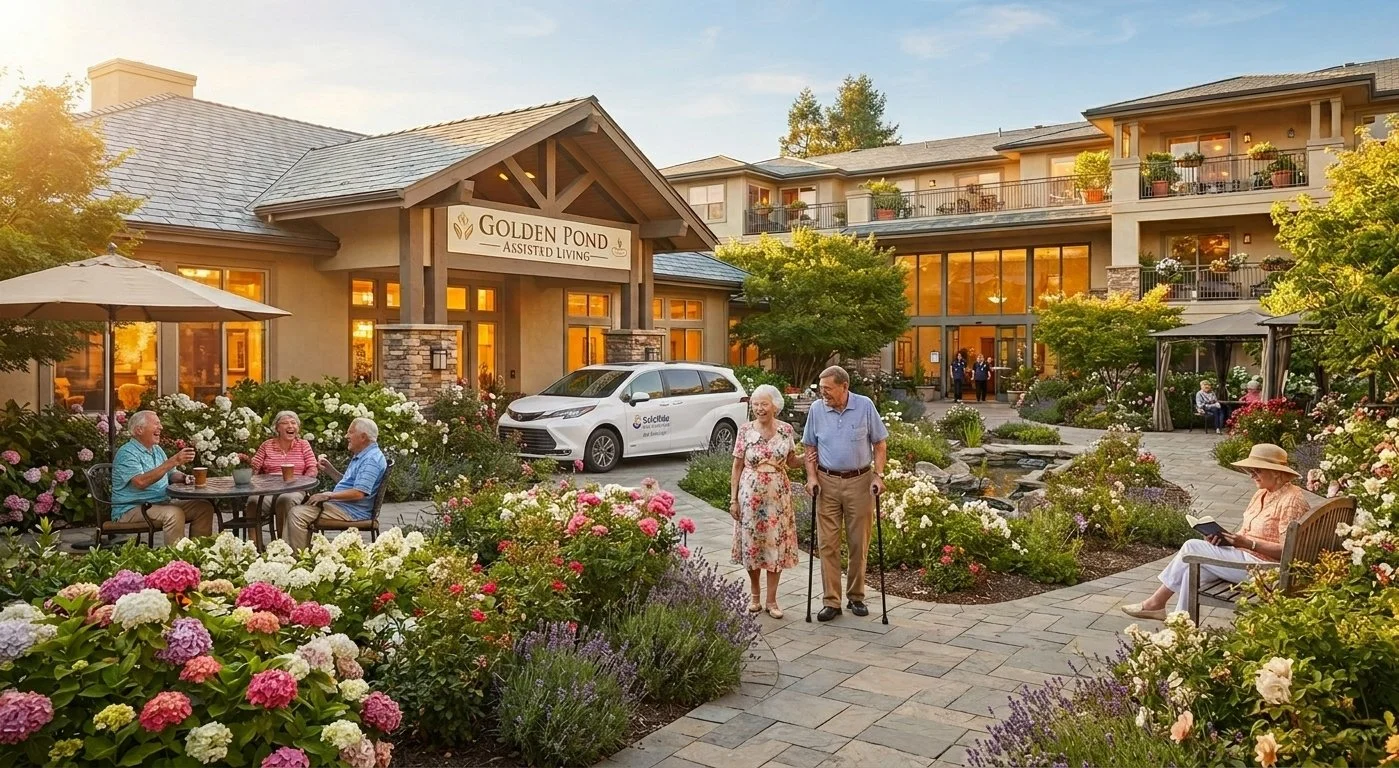 Residents of a senior living community enjoying the garden courtyard with blooming flowers, some sitting at tables, others walking or reading on benches, in front of a building labeled Golden Pond Assisted Living during sunset.