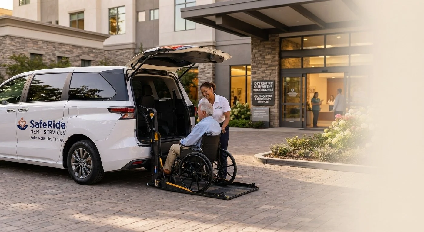 A man in a wheelchair is being assisted by a woman as he loads into a vehicle with an accessible lift outside a building labeled 'City Center & Planner Procedures'.