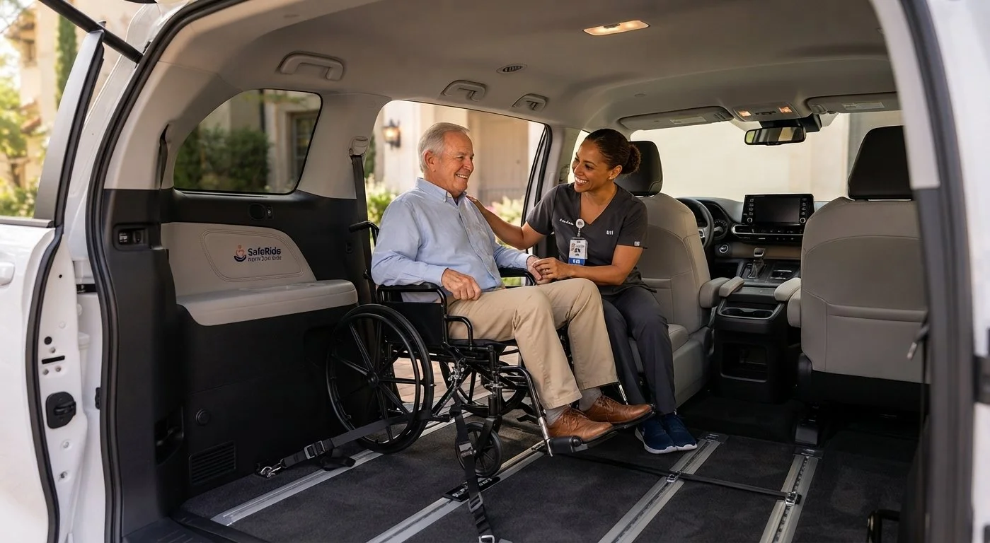 A wheelchair user and a caregiver sitting inside a van designed for accessible transportation. The caregiver is smiling and engaging with the rider.
