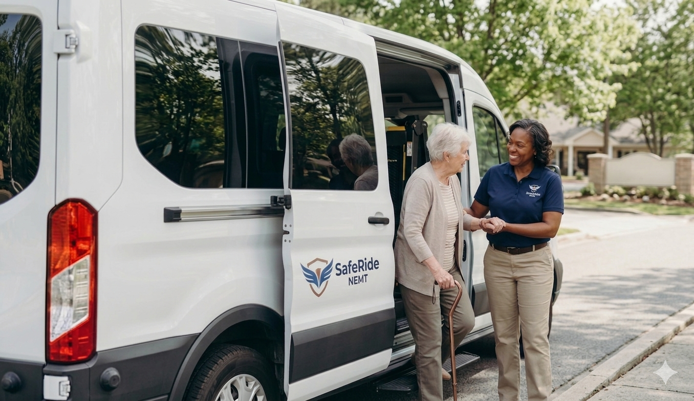 A senior woman with a walking cane gets help from a smiling staff member in uniform as she exits a white van labeled SafeRide NEMT, parked on a residential street with trees and houses in the background.