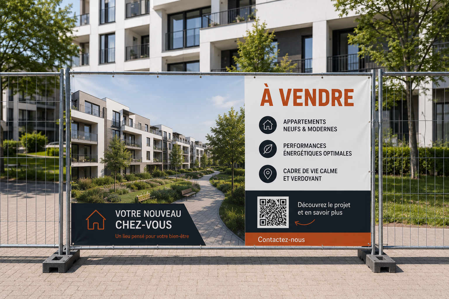 Panneau indiquant une promotion immobilière avec une image de résidence moderne et un espace vert. Texte en français : À vendre, appartements neufs et modernes, performances énergétiques optimales, cadre de vie calme et verdoyant, QR code pour en savoir plus, contactez-nous, et une mention sur votre nouveau chez-vous.