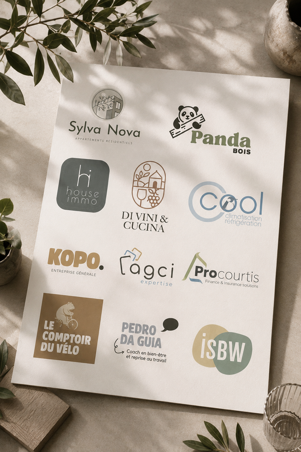 Une feuille avec plusieurs logos d'entreprises et services, entourée de plantes vertes et placé sur une surface en pierre ou en béton.