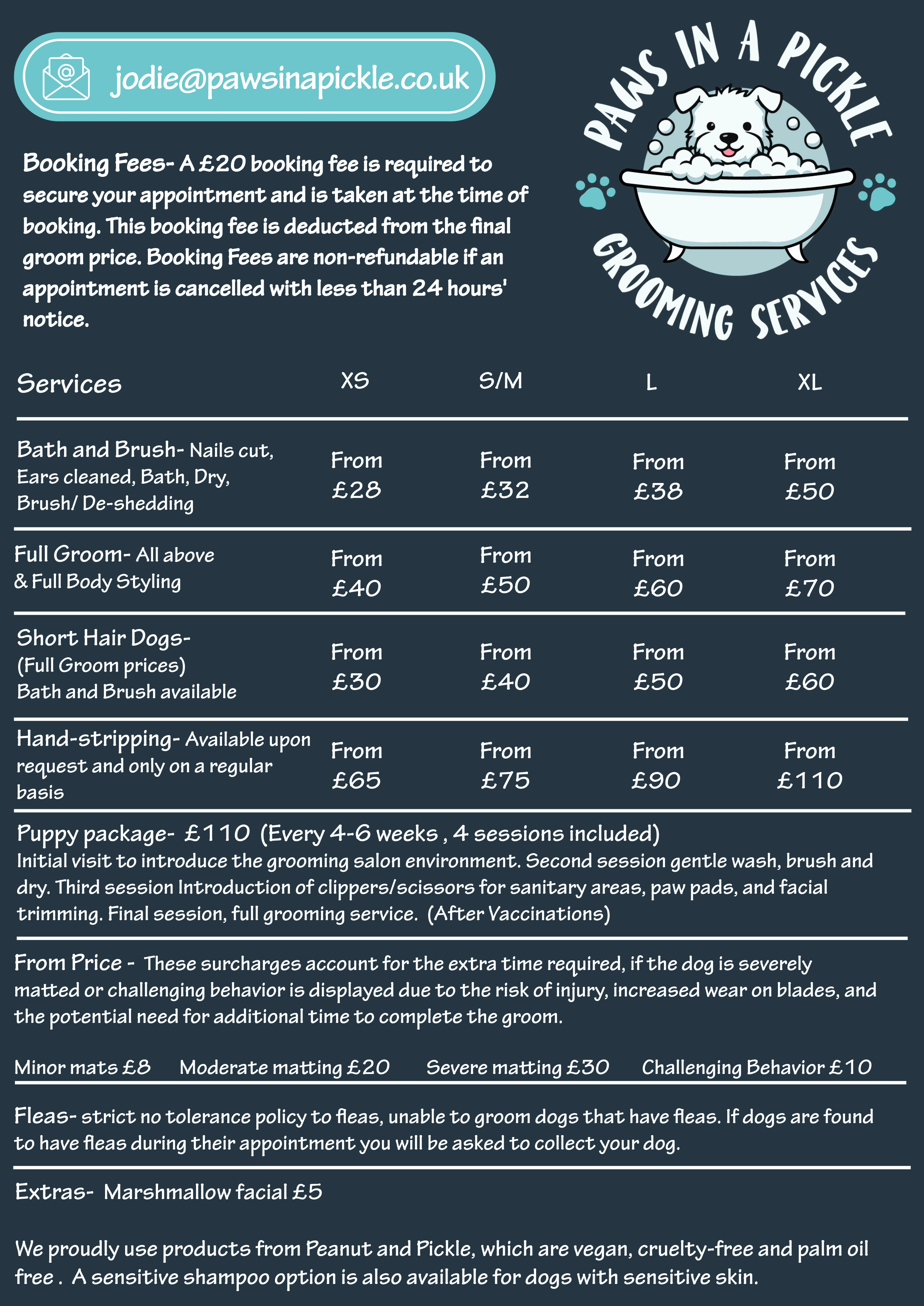 Dog grooming service price list with logo of a dog in a bathtub surrounded by bubbles, contact email, and grooming prices for different services in British Pounds.