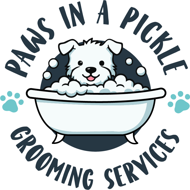 A cartoon illustration of a dog taking a bath in a bathtub with bubbles, surrounded by paw prints, with the text 'Paws in a Pickle Grooming Services' curved around the image.