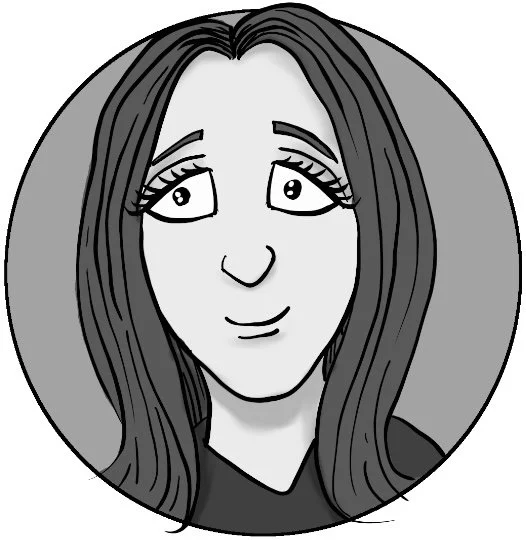 Cartoon illustration of a woman with long dark hair, looking slightly to the side with a gentle smile.