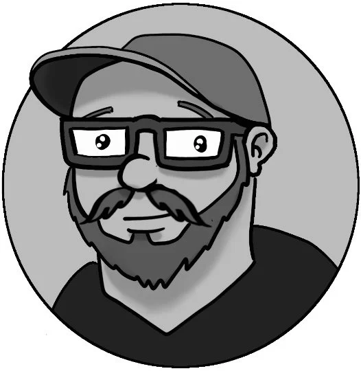 Black and white cartoon portrait of a man with glasses, a cap, a beard, and a mustache, in a circular frame.
