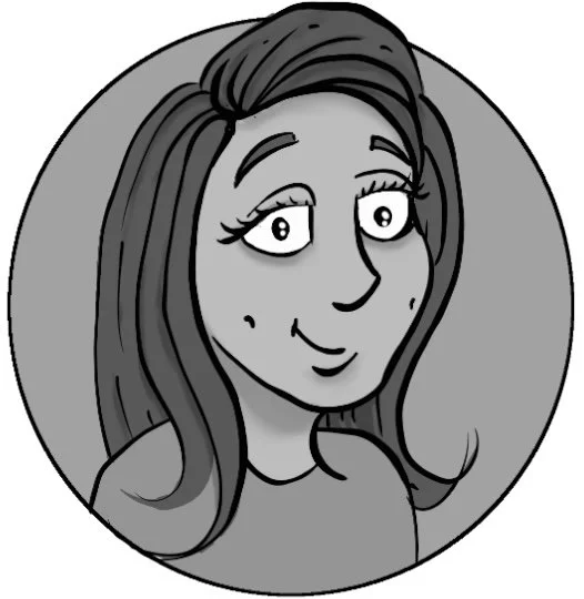 Cartoon drawing of a woman with long hair, smiling with a friendly expression.