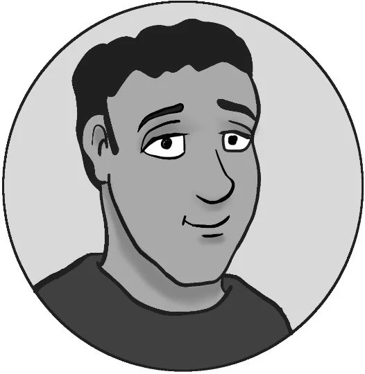Cartoon of a man with short dark hair and a slight smile, wearing a dark shirt, inside a circular frame.