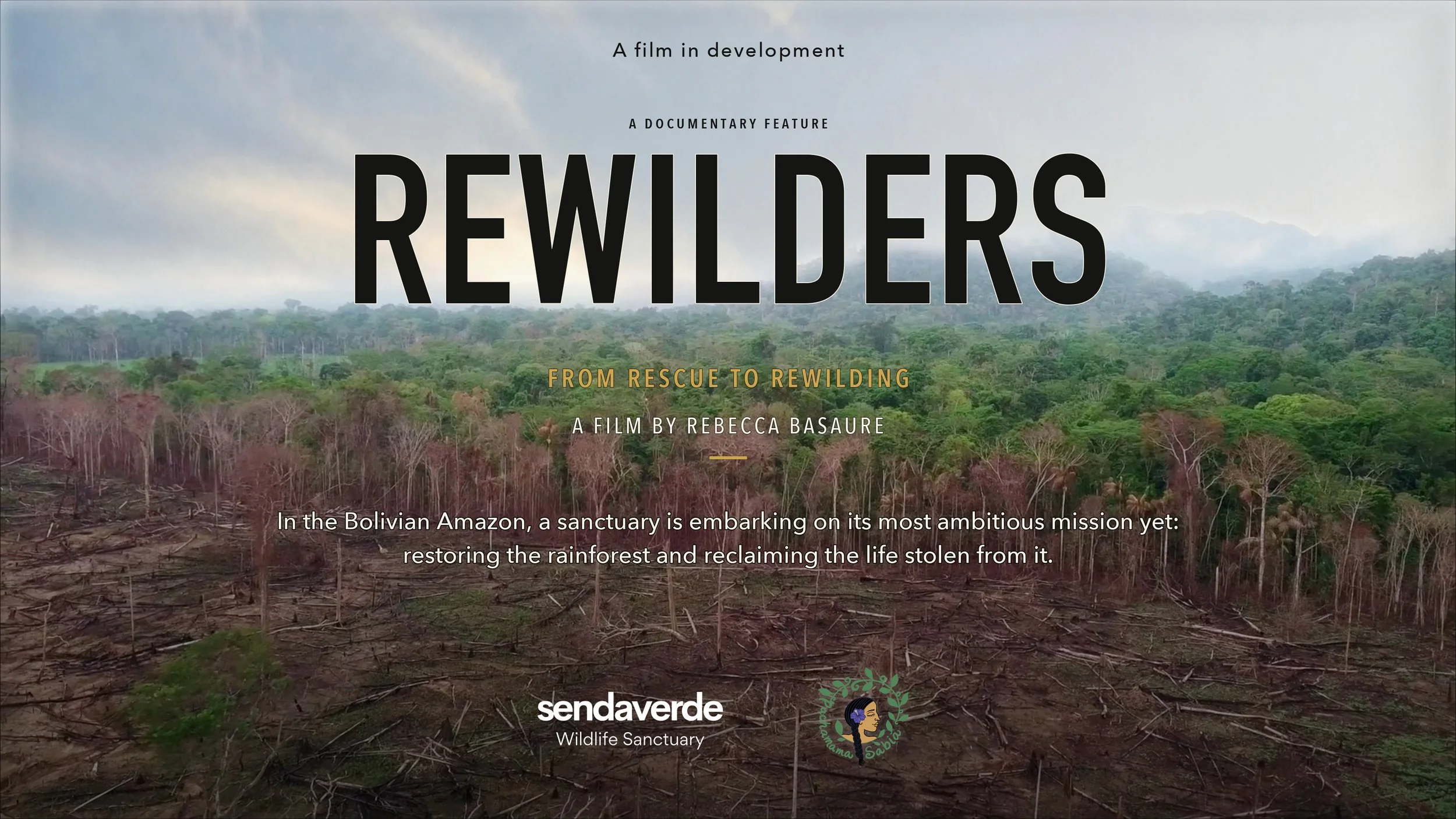 Lush green rainforest landscape with waterfalls and mountains in the background, overlaid with the text 'REWILDERS' and the subtitle 'Rewilding the Amazon, Rewilding Our Lives'.