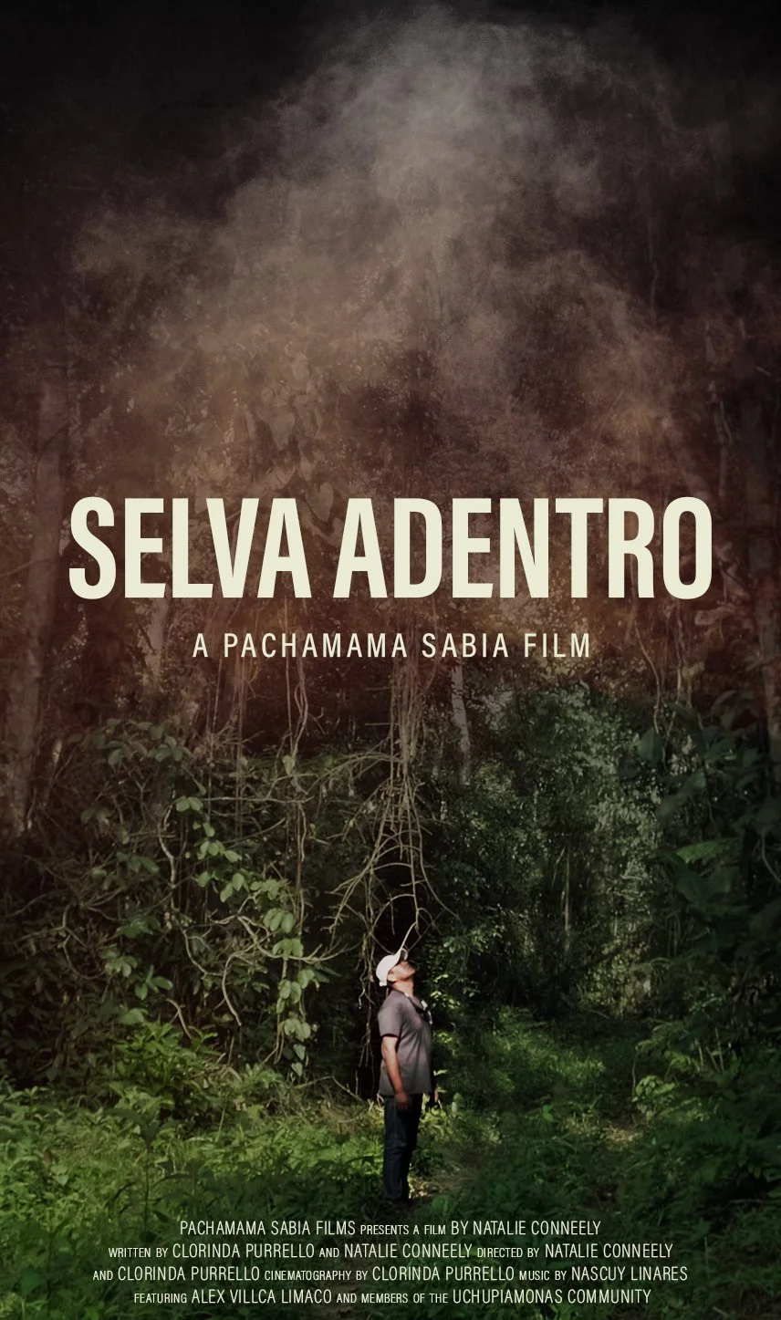 Title card for the documentary film 'Selva Adentro,' showing a person standing in a dense jungle with tall trees and lush green foliage.