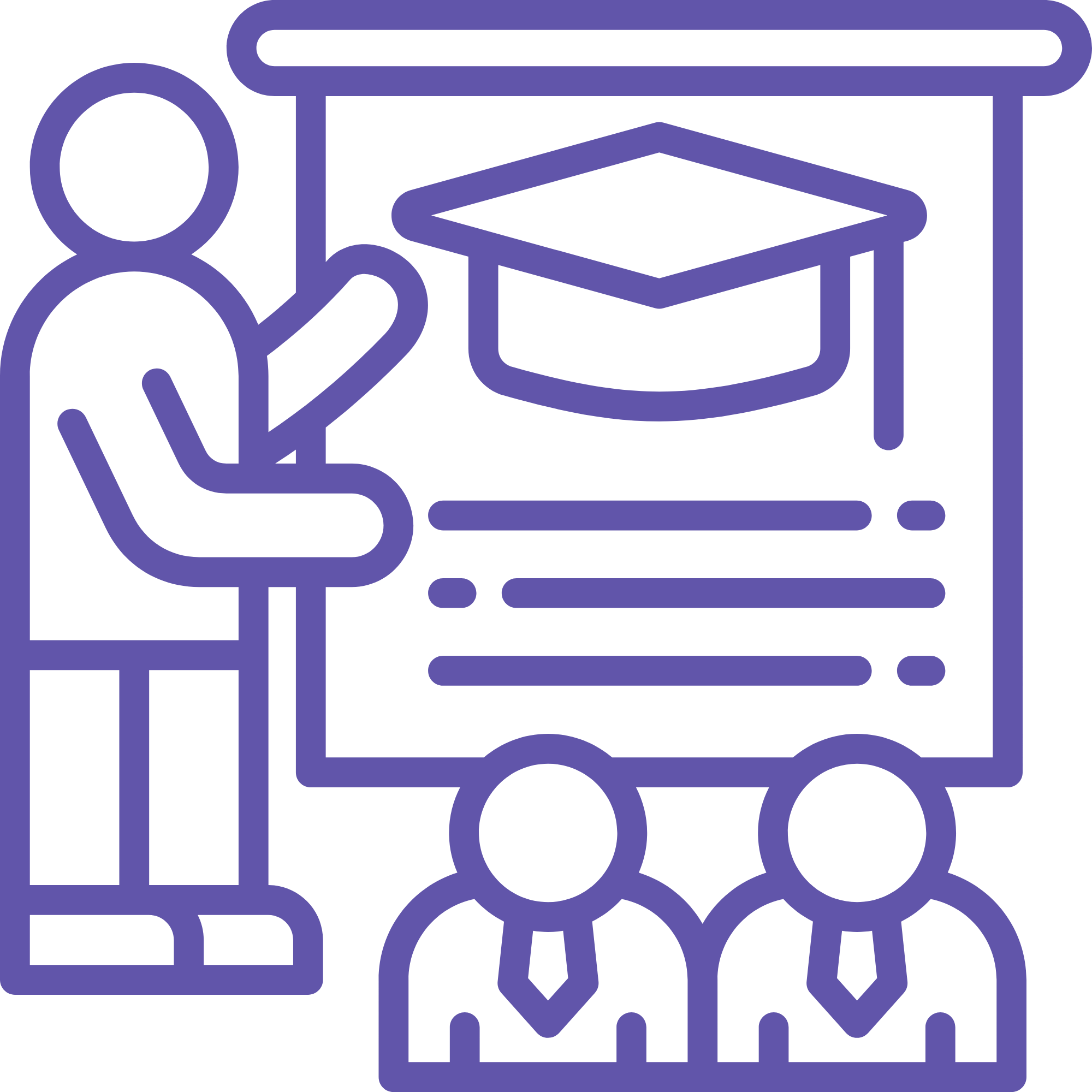 Outline of a person attending a graduation ceremony, with a cap and gown, in front of a presentation board.