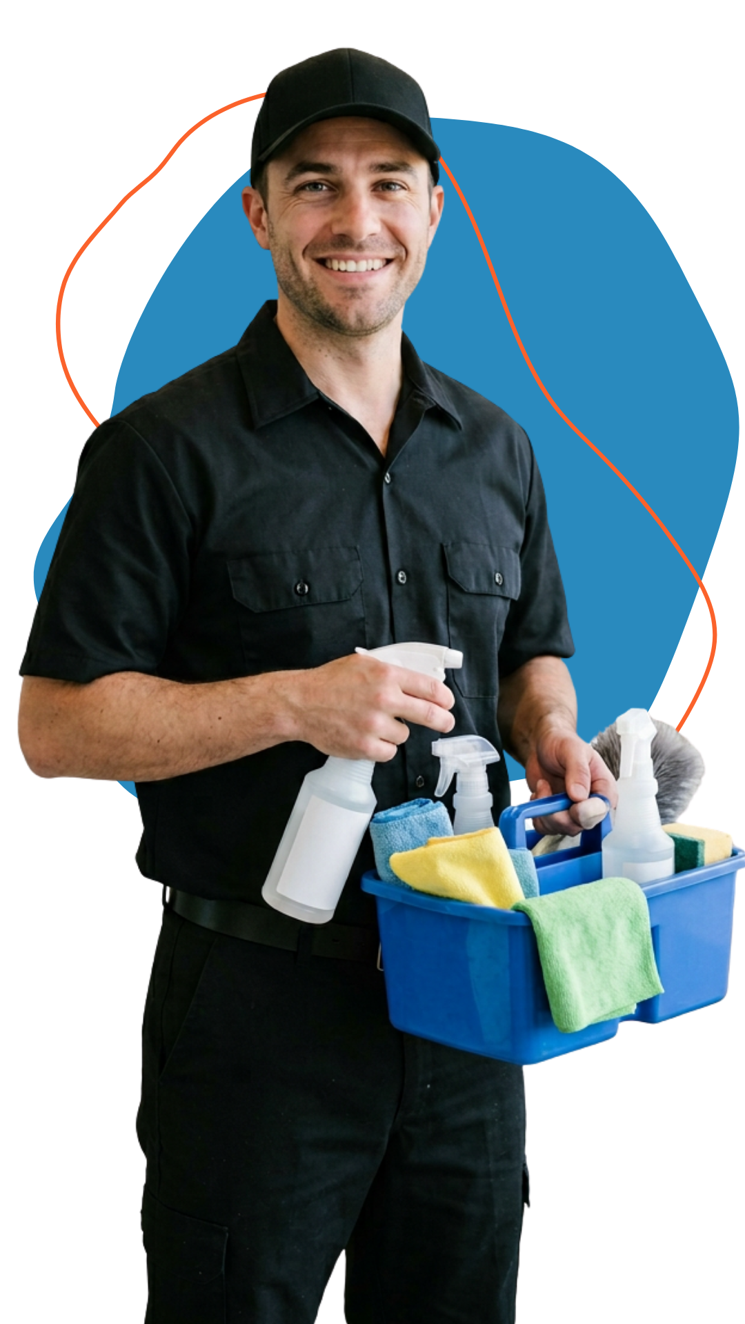 A smiling man wearing a black uniform and cap holding a cleaning spray bottle and a blue toolbox filled with cleaning supplies such as spray bottles, cloths, and sponges.