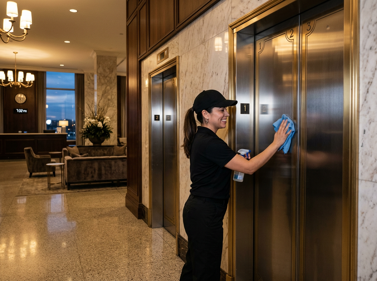 A woman dressed in black cleaning the elevator doors with a blue cloth in a luxurious hotel lobby.