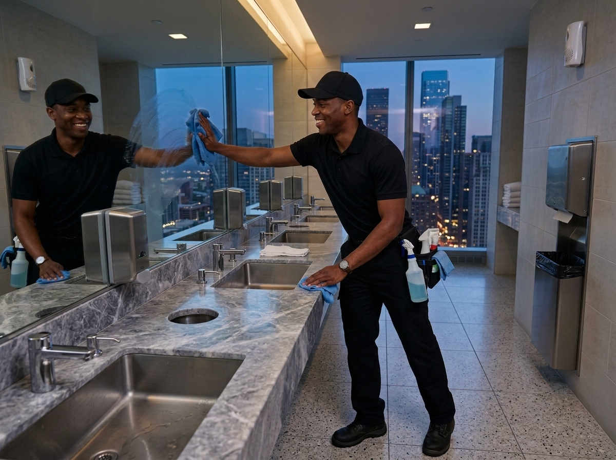 Two janitors cleaning sinks and mirrors in a modern bathroom with a city skyline visible through large windows.