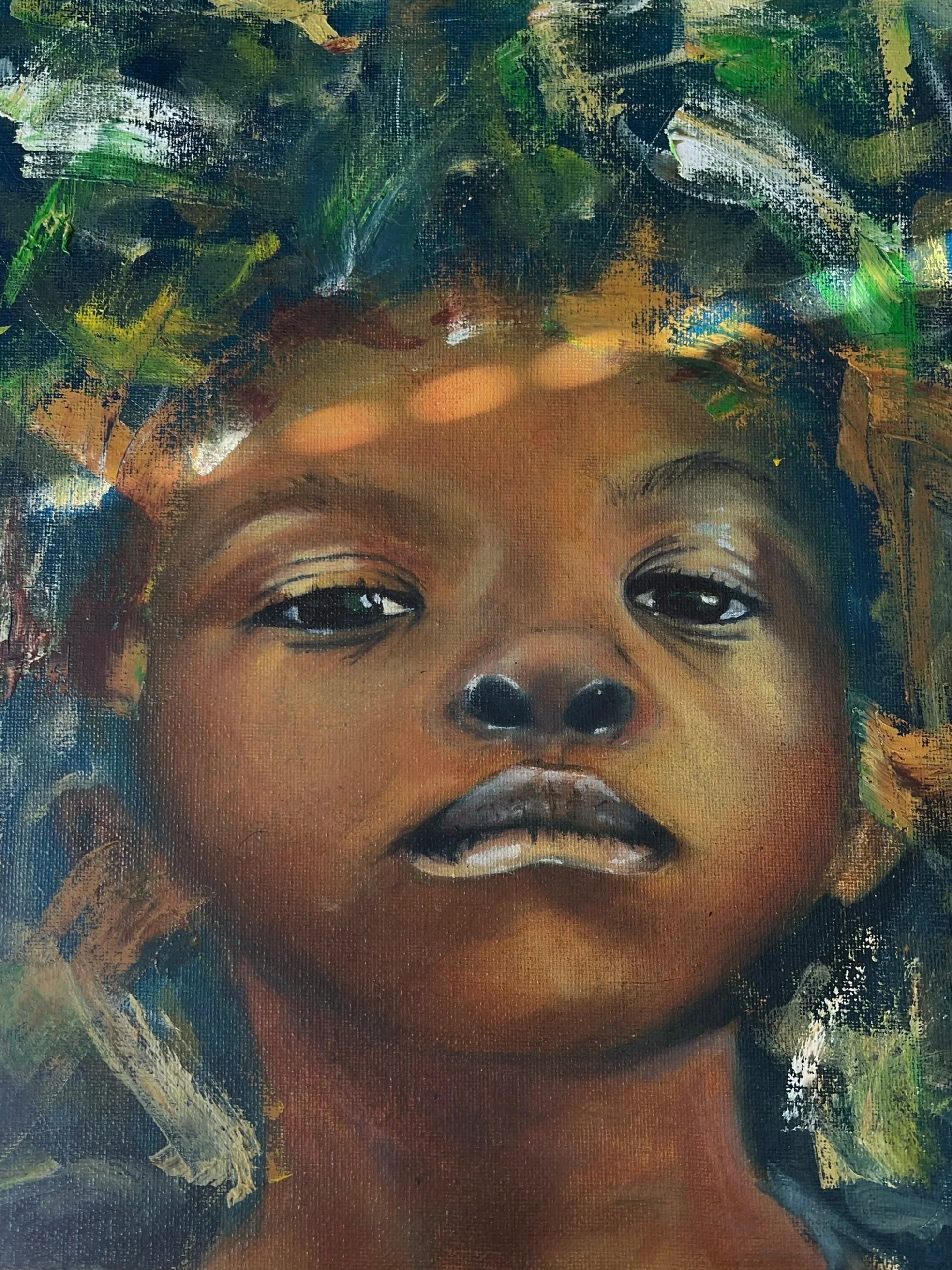 Close-up view of an abstract painting of a young child's face, showing the forehead, eyes, nose, and lips with expressive, brushstroke details and vibrant colors.