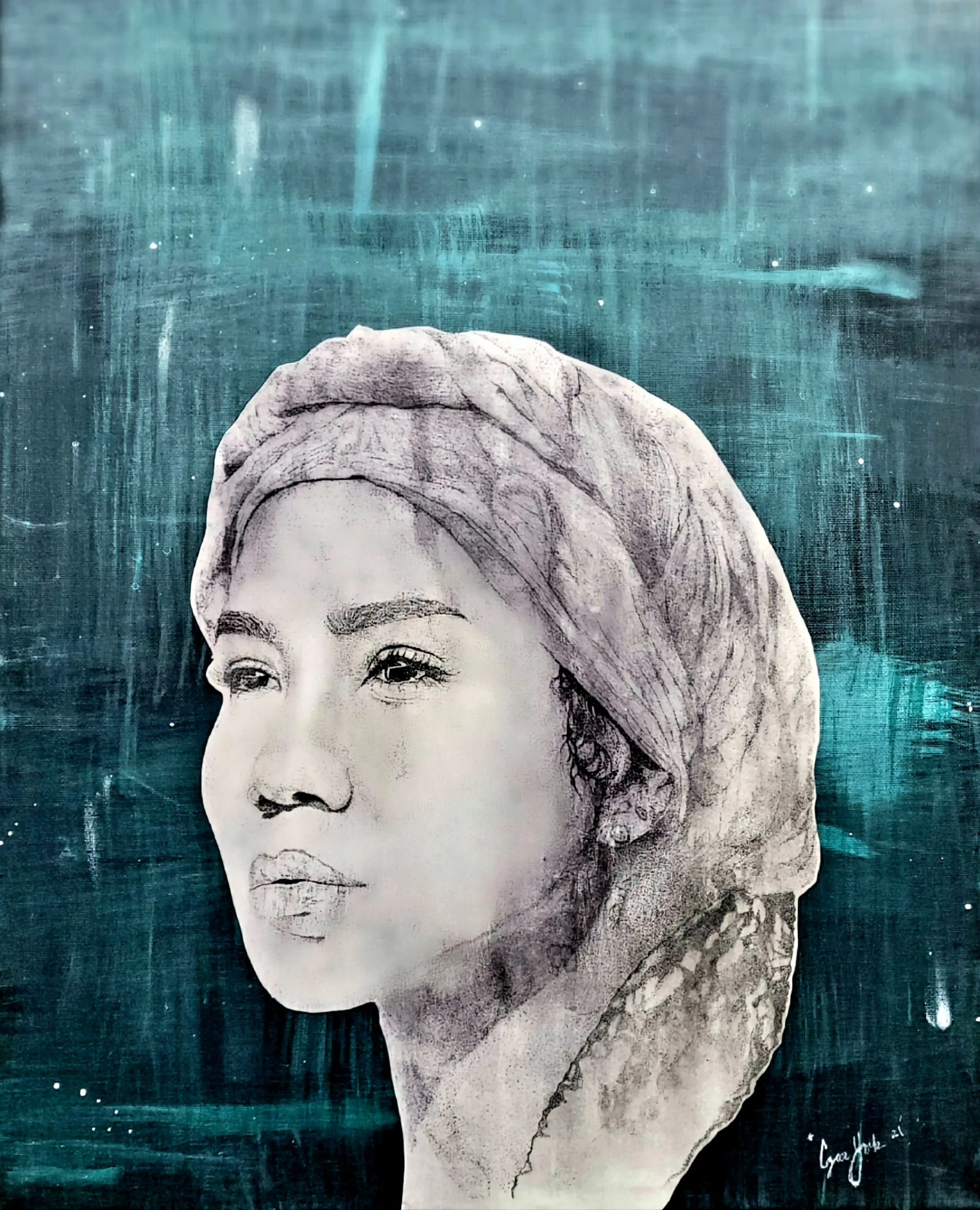 A black and white sketches of a woman's face on a textured teal background with white splatters and handwritten signature.