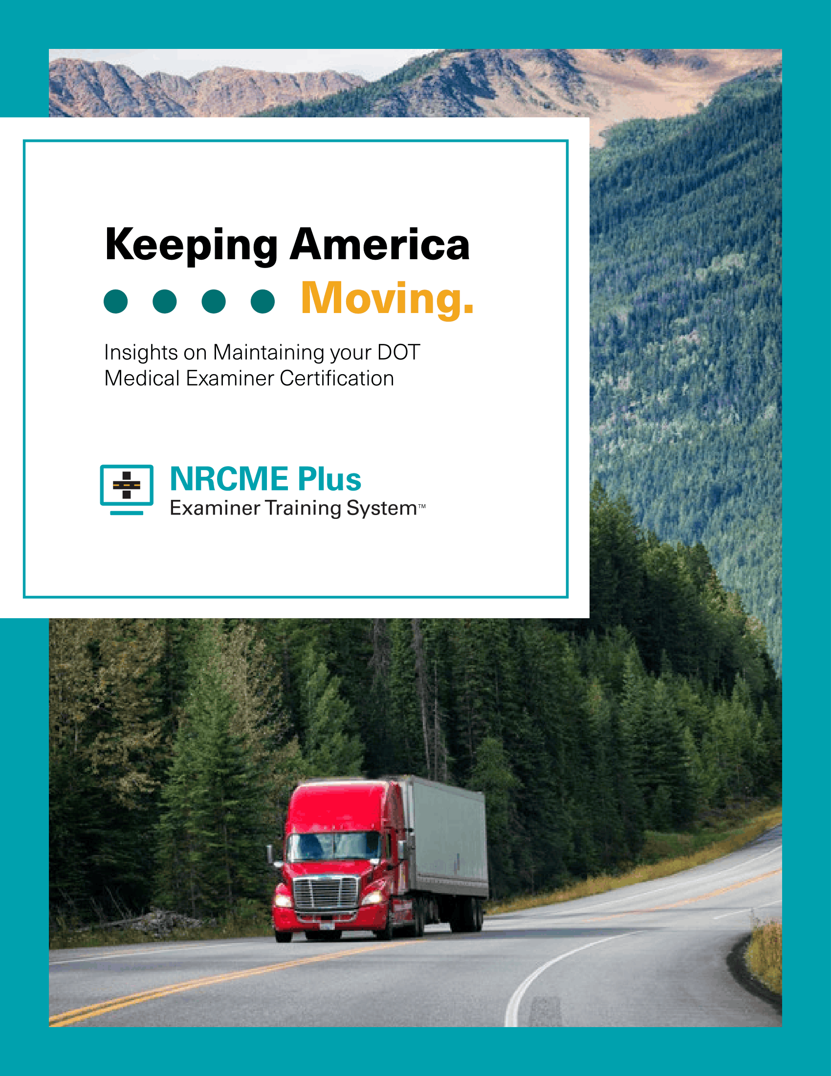 A red semi-truck driving on a winding highway through a forested mountainous area.