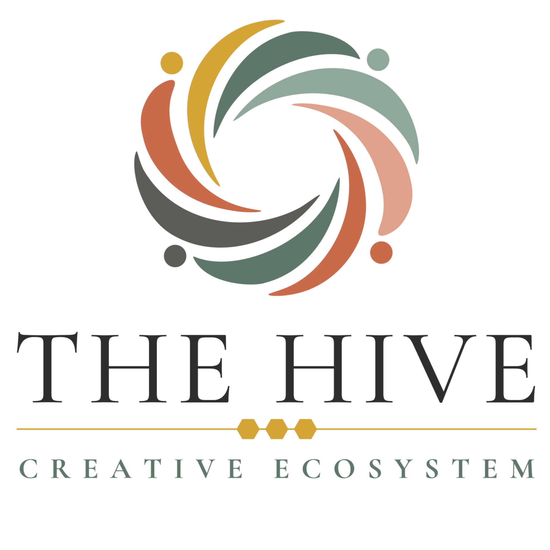 A logo for 'The Hive,' a creative eco-system, featuring a geometric honeycomb pattern and colorful swooping lines, with the tagline 'CREATE A NEW ECOSYSTEM' underneath.