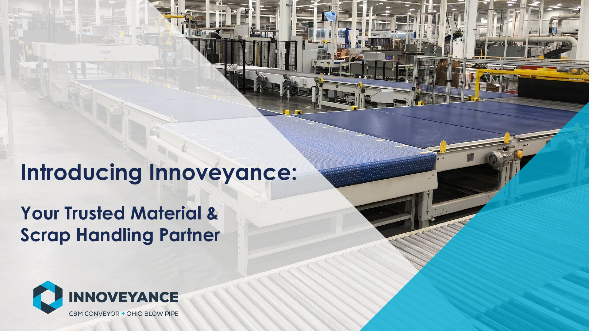 Warehouse with conveyor belts and industrial machinery, with overlaid text promoting Innoneance as a trusted material and scrap handling partner.