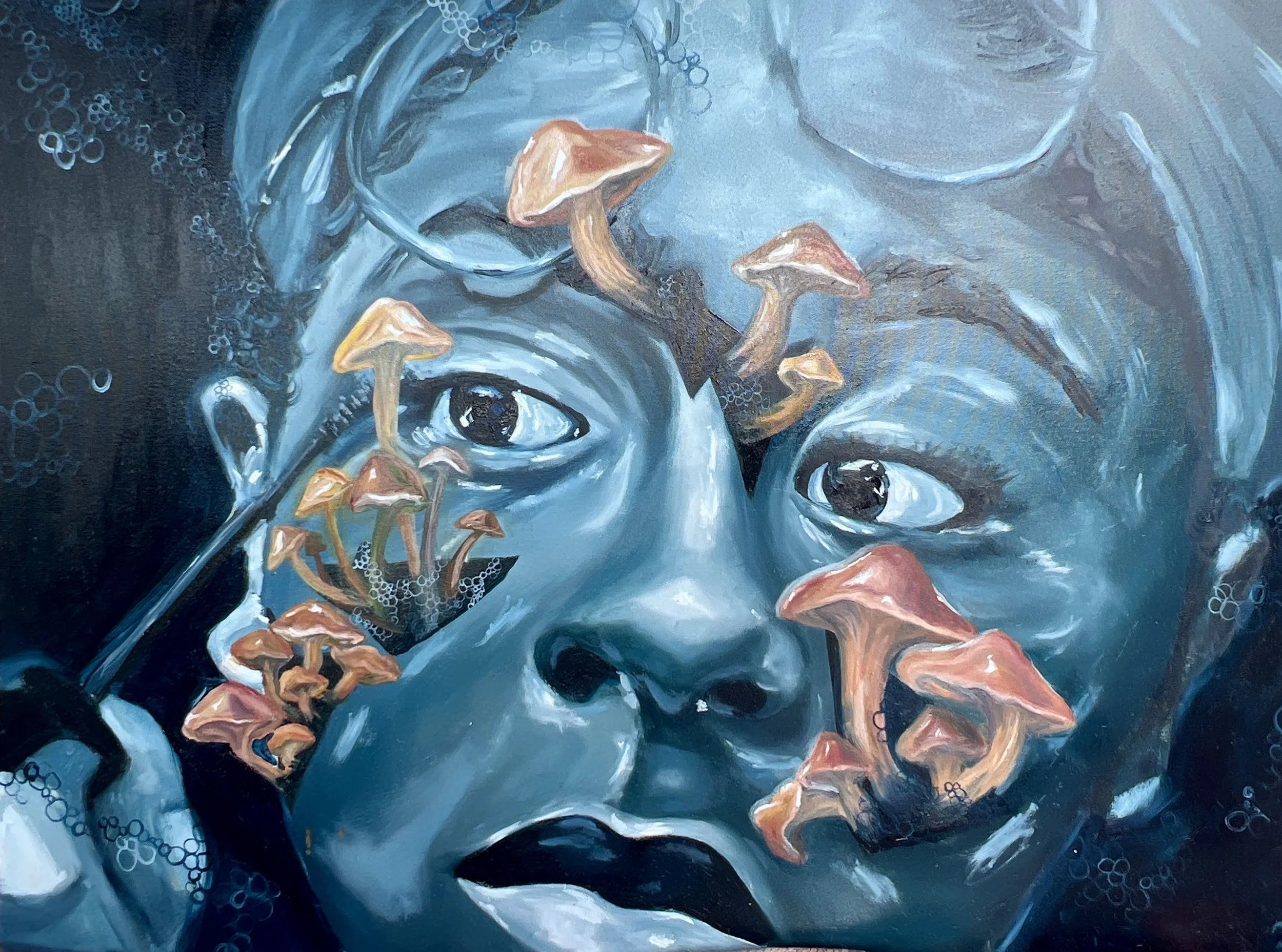 An abstract painting of a person's face with wide eyes, surrounded by mushrooms and swirling blue and black background.