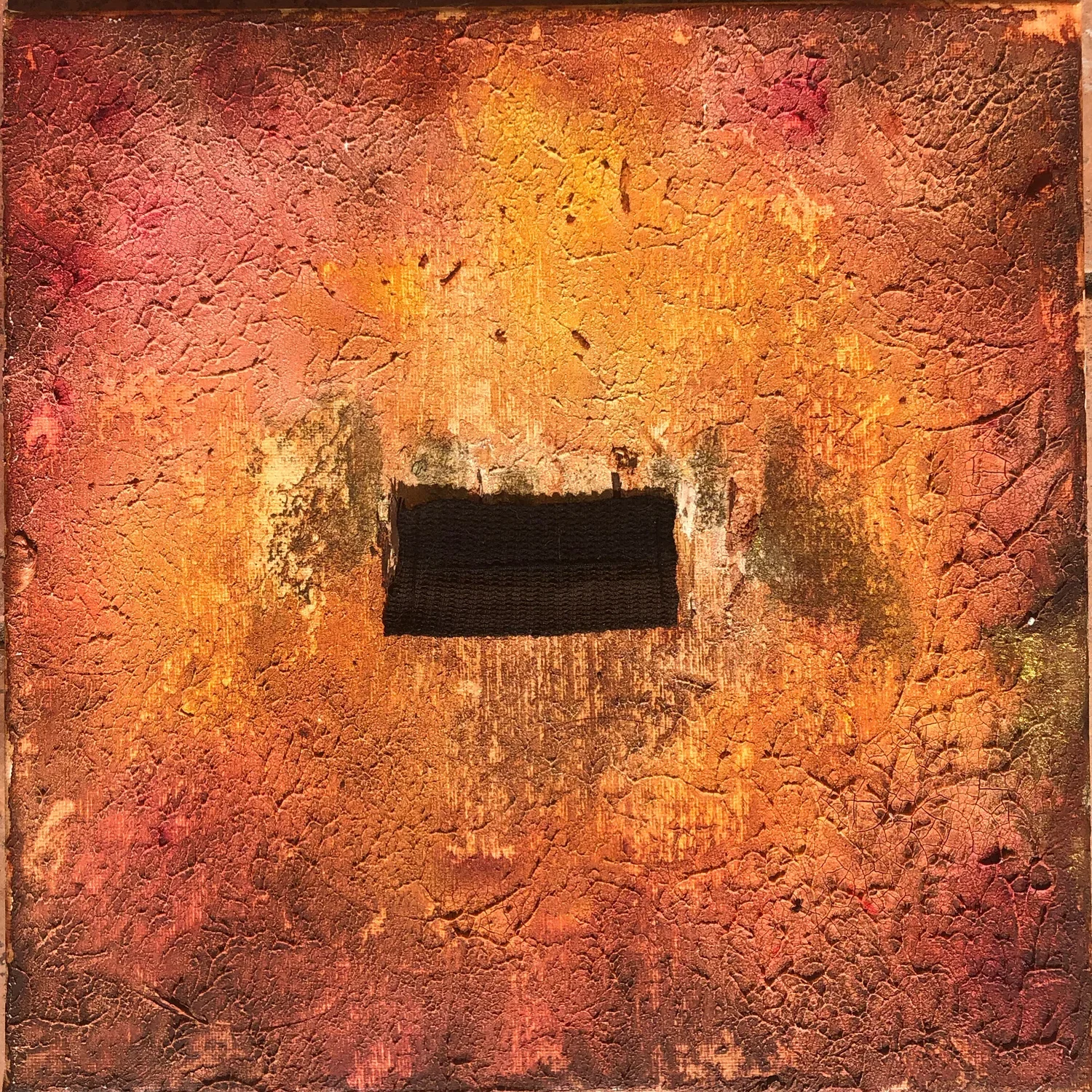 Burn Journals, 2020, Watercolor, acrylic medium, plants, thread and Burnt clothes on canvas, 12 x 12 in
