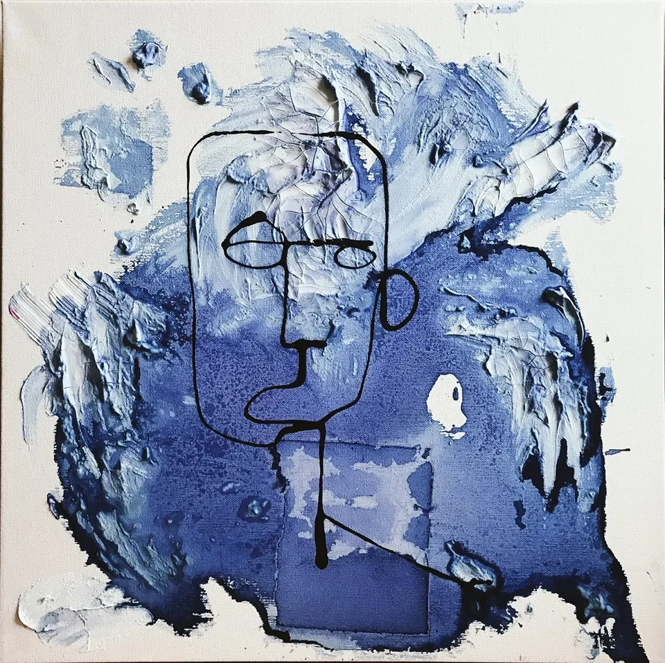 P, 2018,
Mixed Media on canvas; ink, watercolor, coffee and nail polish, 20 x 20 inches