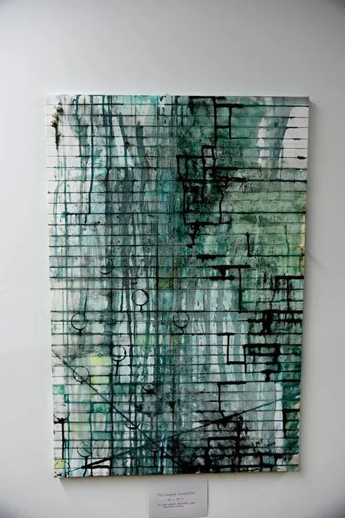 The Dangling Conversation, 2016

Mixed Media on Canvas; Ink, Plaster cloth, coffee, whiskey, berries, acrylic medium, sewing string, water color.

36 x 24 Inches