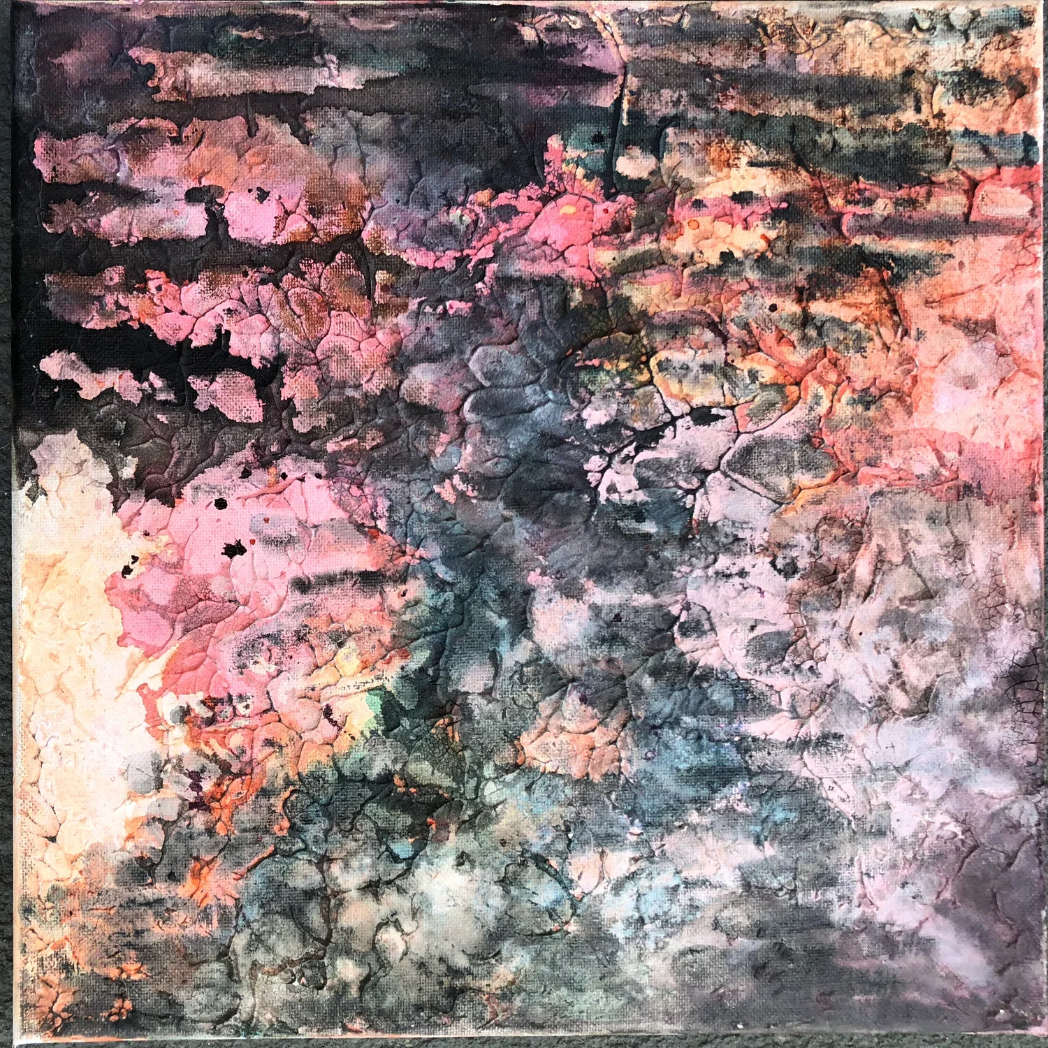 Burn Journals, 2020, Watercolor, acrylic medium, plants, thread and Burnt clothes on canvas, 12 x 12 in
