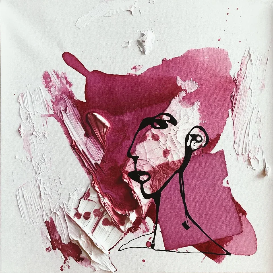 Haley, 2018,
Mixed Media on canvas; ink, watercolor, coffee and nail polish, 20 x 20 inches