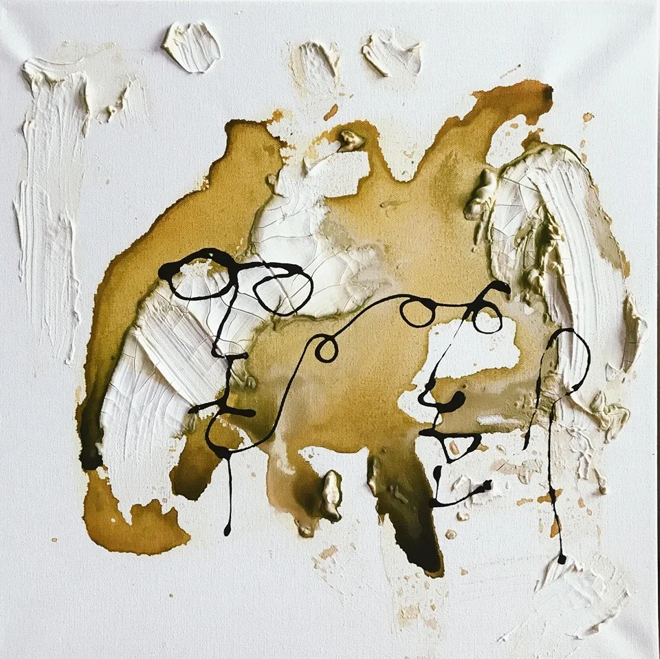 Lucas and Cameron, 2018,
Mixed Media on canvas; ink, watercolor, coffee and nail polish, 20 x 20 inches