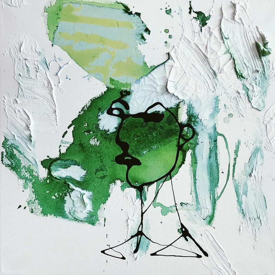 Suzanna, 2018,
Mixed Media on canvas; ink, watercolor, coffee and nail polish, 20 x 20 inches
