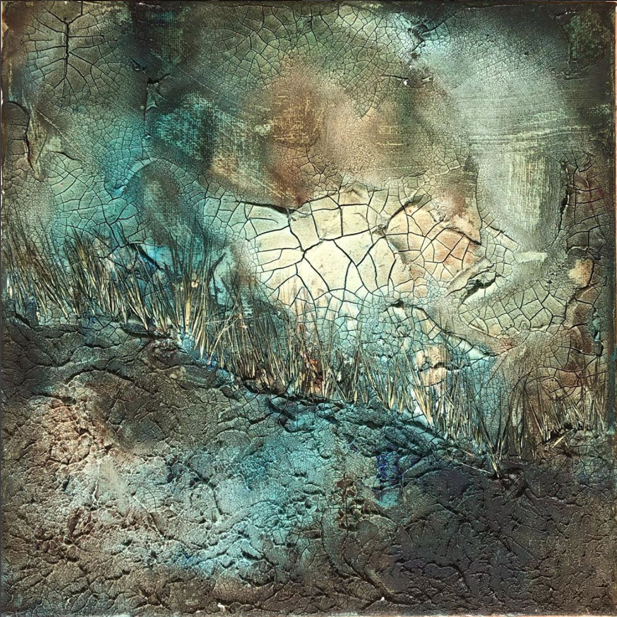 Burn Journals, 2020, Watercolor, acrylic medium, plants, thread and Burnt clothes on canvas, 12 x 12 in