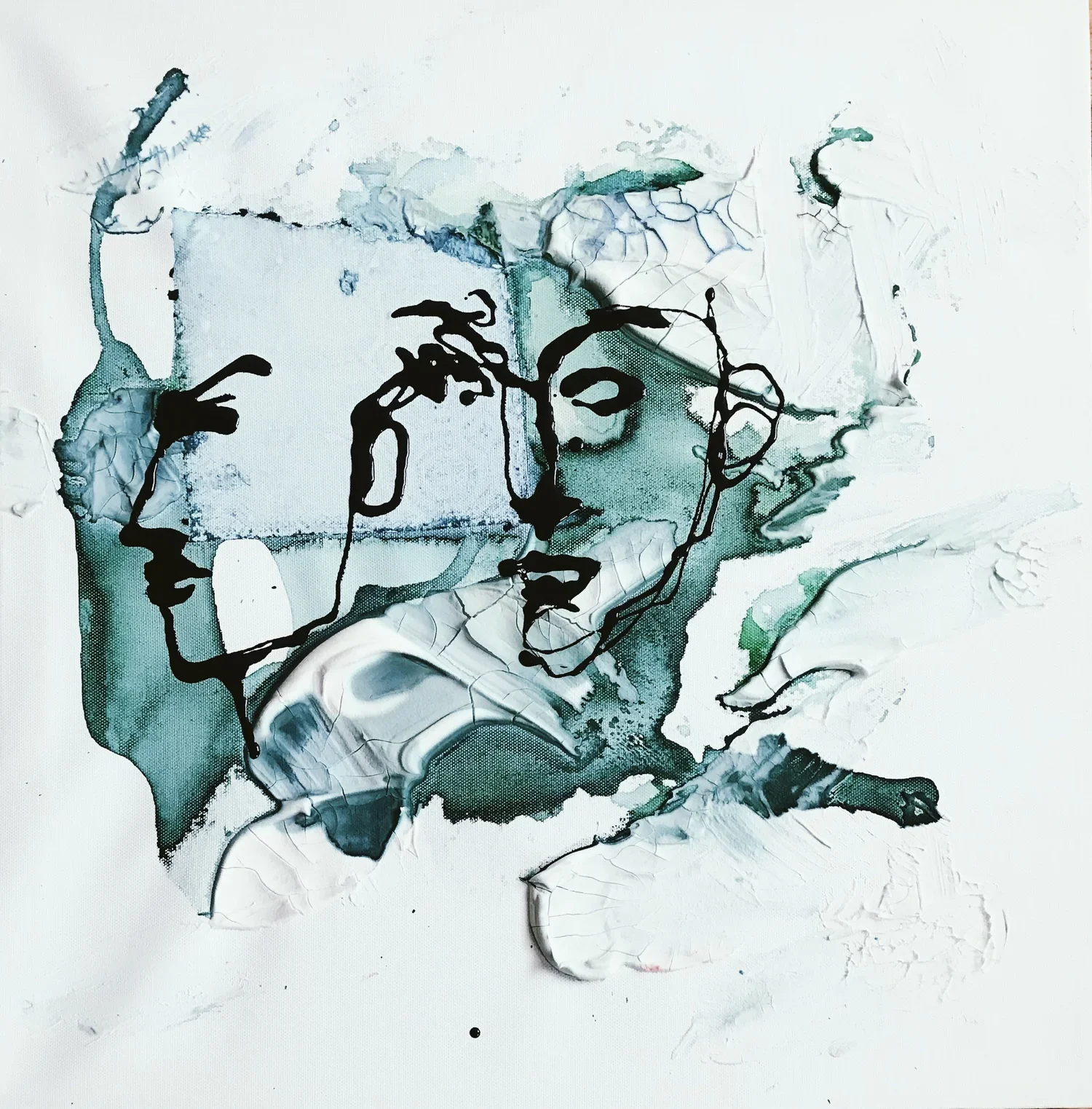 John and Diana, 2018,
Mixed Media on canvas; ink, watercolor, coffee and nail polish, 20 x 20 inches