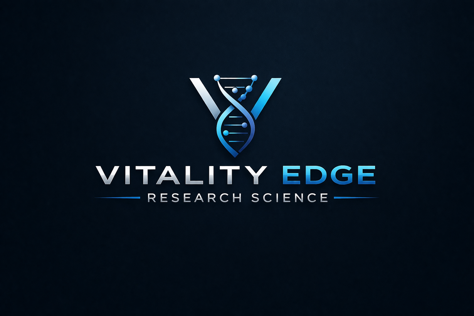 Logo for Vitality Edge Research Science featuring stylized DNA helix with molecular structures and the text 'Vitality Edge Research Science' on a dark background.