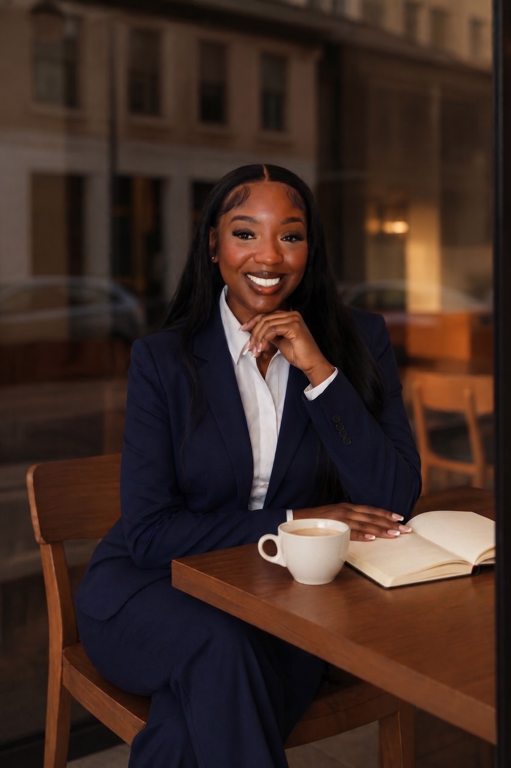 A woman smiling, sitting at a wooden table with a cup of coffee and an open notebook, inside a cafe or restaurant with a city street view behind her.
