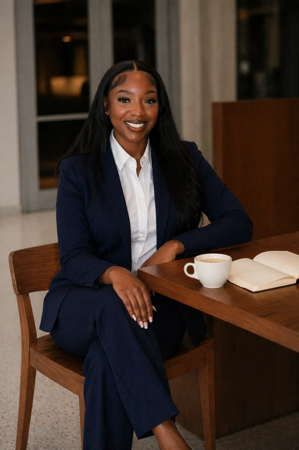 A woman in a navy suit and white shirt sitting at a wooden table with a cup of coffee and an open notebook, smiling at the camera in a well-lit indoor setting.