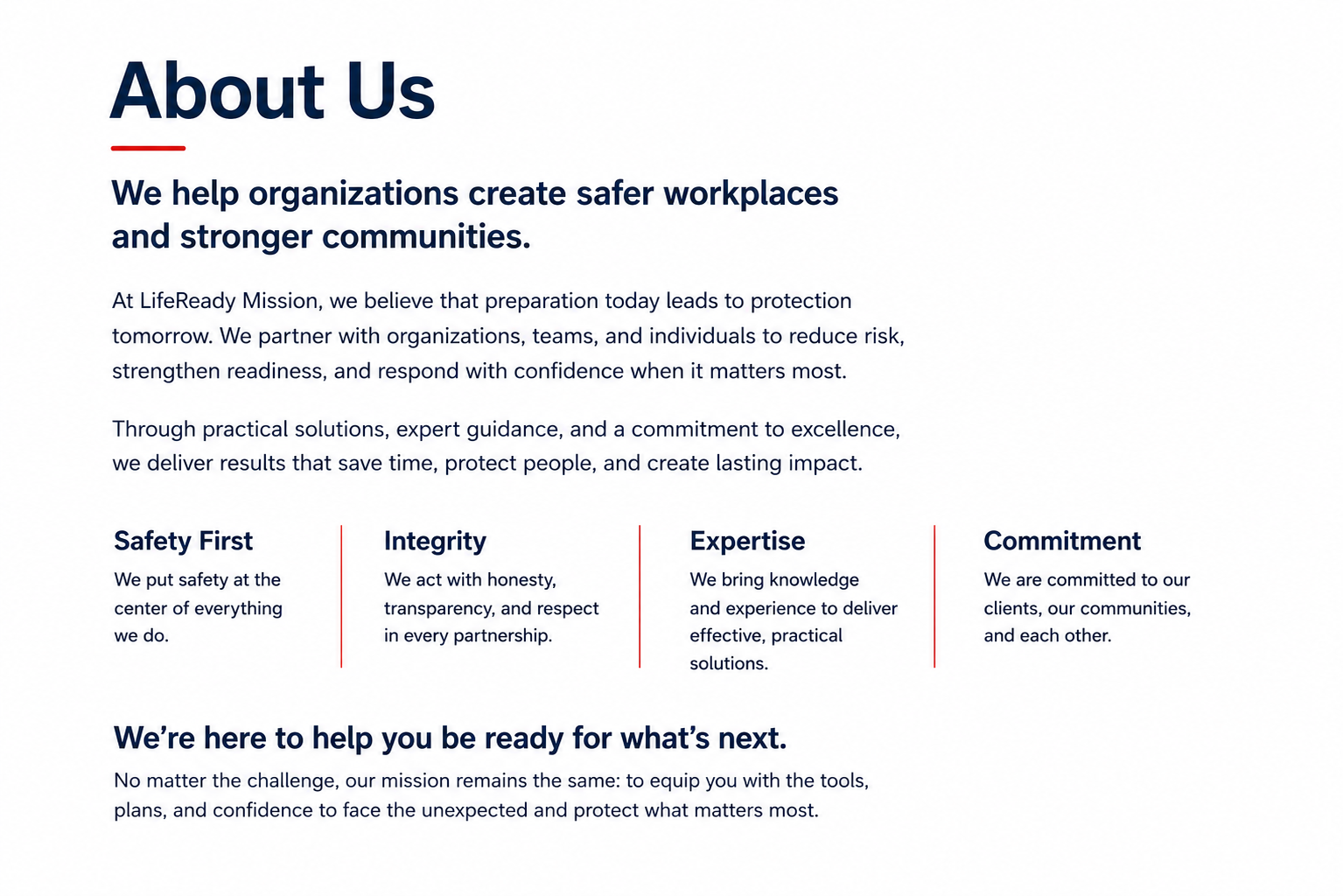 Screenshot of an 'About Us' webpage section, including mission statement, core values (Safety First, Integrity, Expertise, Commitment), and a concluding statement about readiness for future challenges.