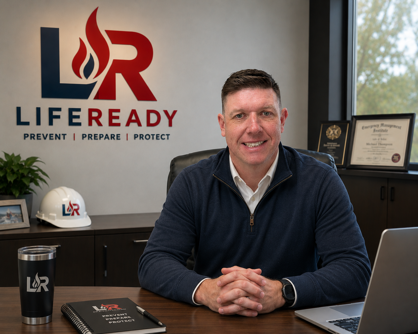 A man sitting at a desk in an office with a LIR logo on the wall behind him, smiling at the camera. The desk has a black tumbler, a notebook, a pen, and a laptop. Framed certificates and a hard hat with the LIR logo are on the sideboard behind him.