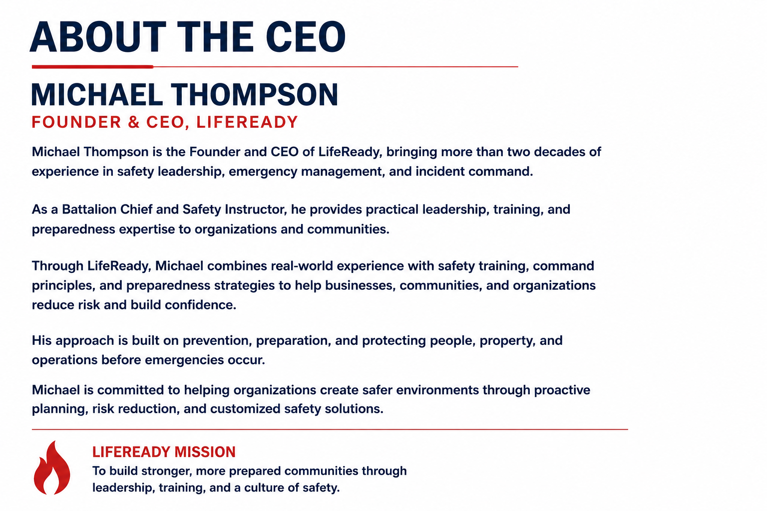 A professional biography page with the title 'About the CEO' in bold blue letters. The name 'Michael Thompson' and the title 'Founder & CEO, LifeReady' in red. The text describes Michael Thompson's experience and approach to safety leadership, emergency management, and community preparedness. At the bottom, there is a red flame icon with the heading 'LIFEREADY MISSION' in red, and text about building stronger, safer communities.