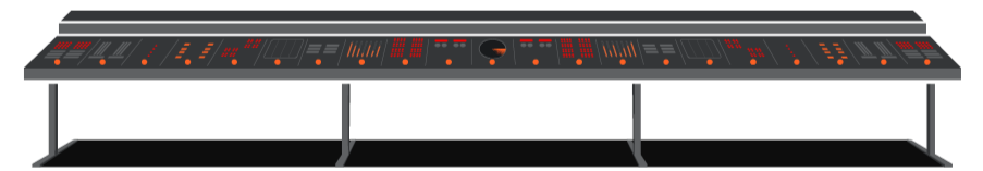 Electronic music mixing console with various buttons and sliders on a desk.