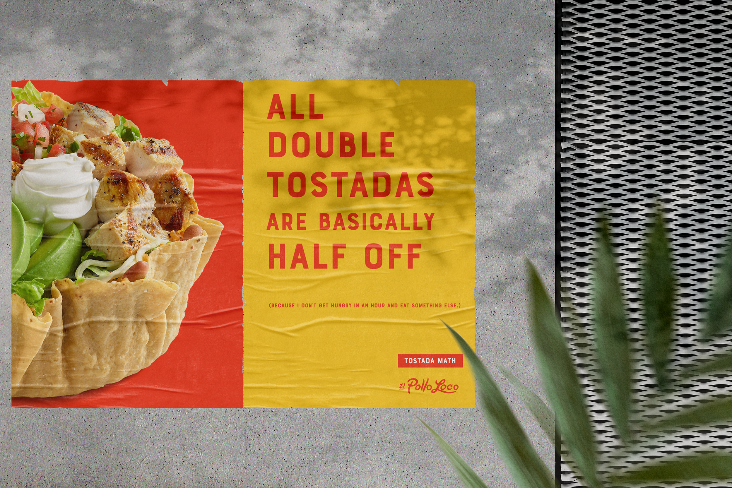 A close-up of a food poster showing tacos filled with grilled chicken, lettuce, tomato, cheese, and sour cream, with a yellow and red background, and a sign that says "All double tostadas are basically half off."