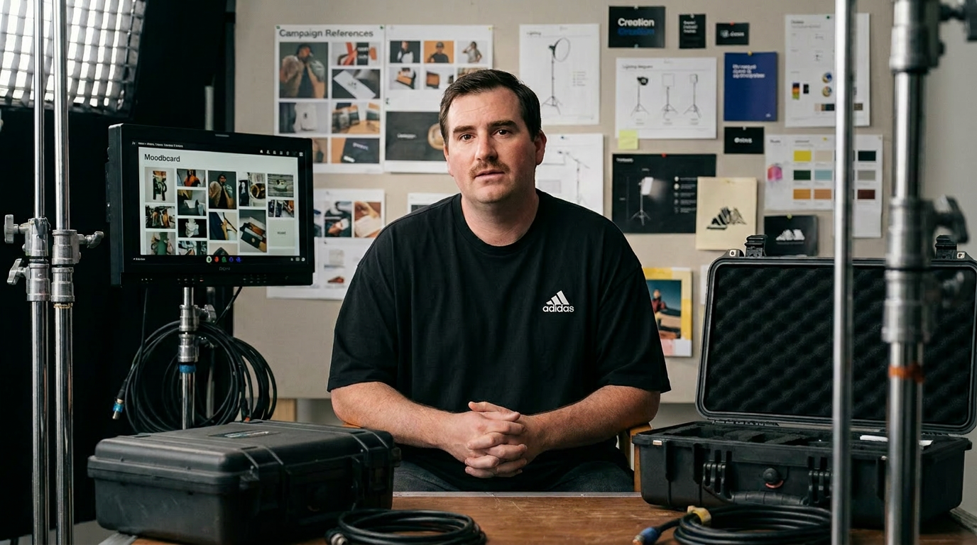 An ACD Art Director in a studio, surrounded by equipment cases and a monitor. The man wears a black Adidas T-shirt and looks directly at the camera.
