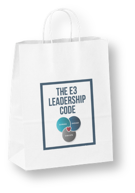 White shopping bag with handles, featuring a logo and text that reads 'The E3 Leadership Code' and icons labeled 'vision,' 'focus,' and 'integrity' on the front.